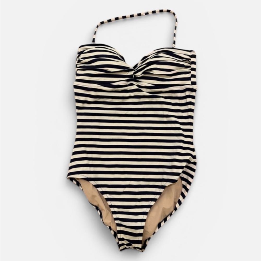 JCREW Striped Navy White Bandeau Halter One Piece Swimsuit 10